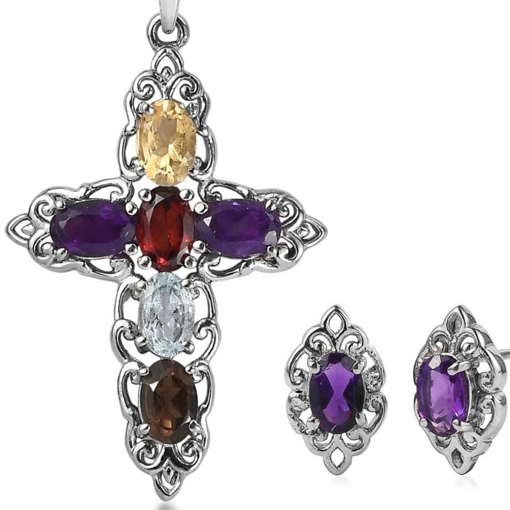 Multi Gemstone 3.6 ctw Earrings & Pendant Necklace (20 ") Stainless Steel NWB